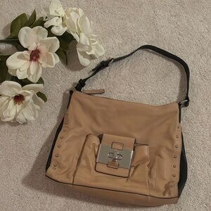 Joy Gryson Studded Tan and Black Leather Shoulder Bag